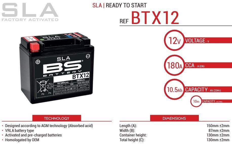Tovarniško aktiviran akumulator BS Battery BTX12 SLA, 12V/10,5Ah- 180A