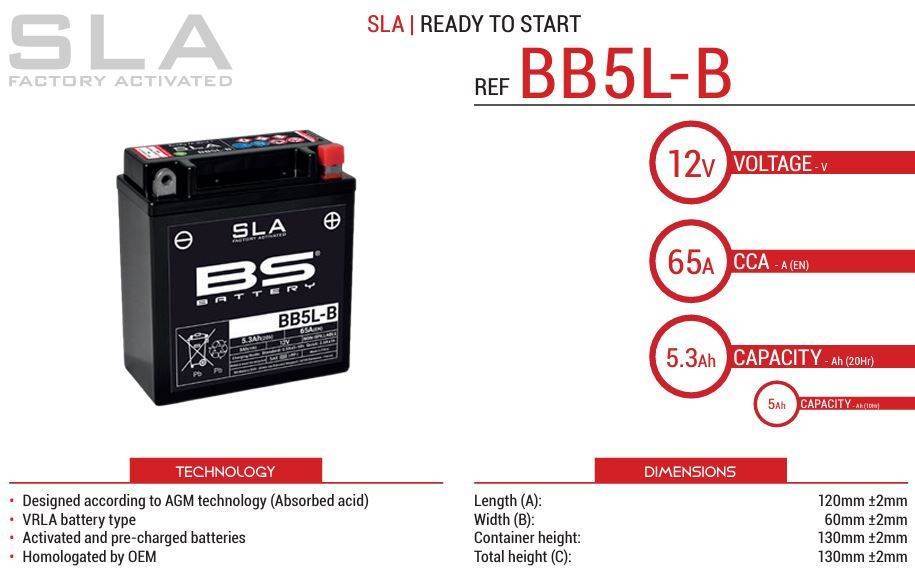 Tovarniško aktiviran akumulator BS Battery BB5L-B SLA, 12V/5,3Ah- 65A