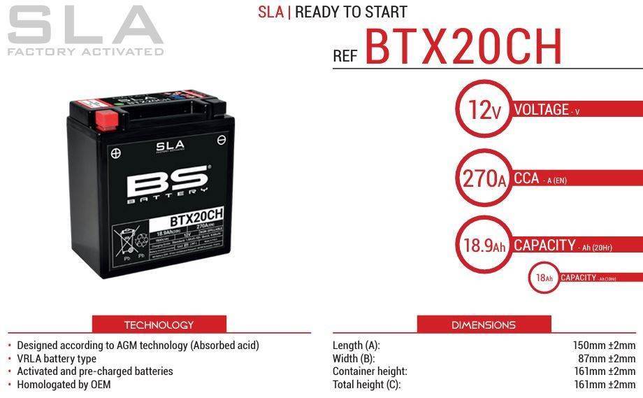 Tovarniško aktiviran akumulator BS Battery BTX20CH SLA, 12V/18,9Ah- 270A