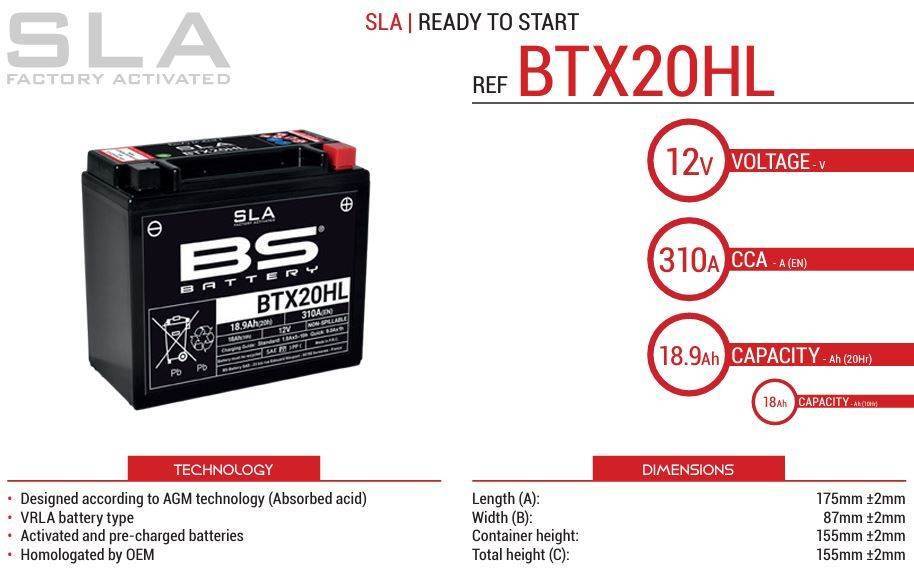 Tovarniško aktiviran akumulator BS Battery BTX20HL SLA, 12V/22,1Ah- 350A