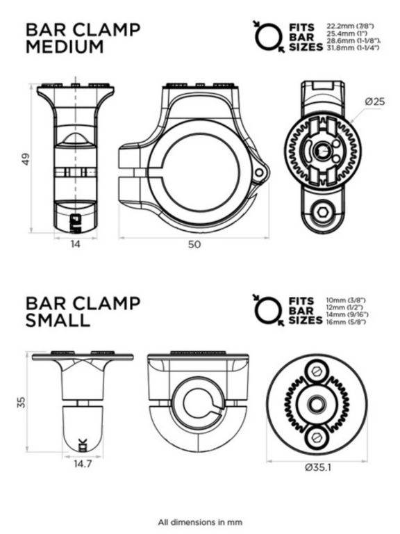 Objemka nosilca za ogledalo motorja Quad Lock 360 Bar Clamp Base (10-16 mm)