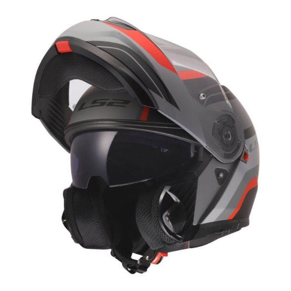 Preklopna čelada za motor LS2 Strobe II Monza (FF908), črna/siva/rdeča